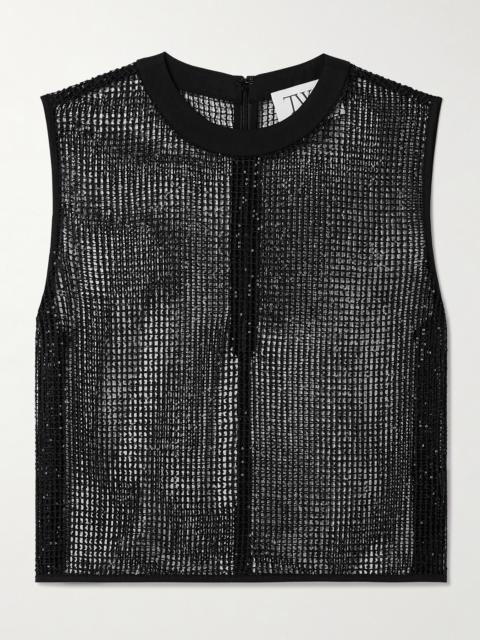 Cropped Sequin-embellished Fishnet Tank