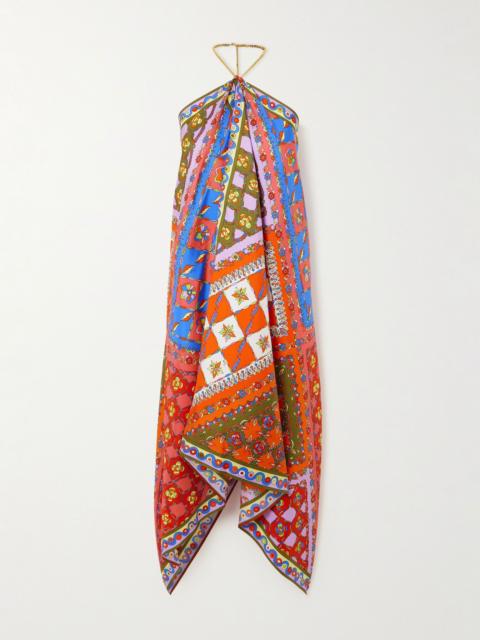 Asymmetric printed silk-twill halterneck midi dress Red