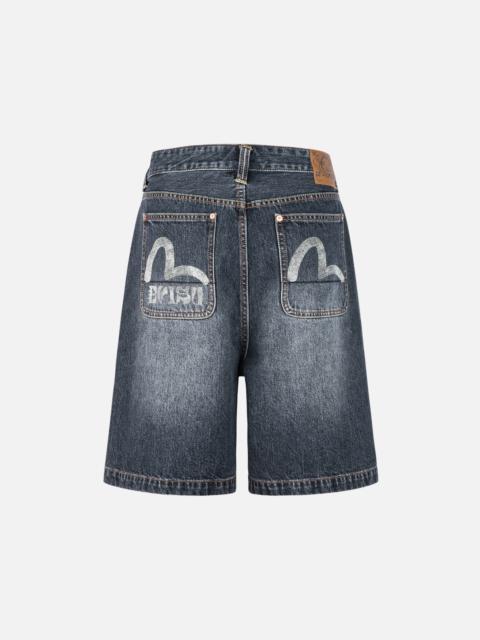 Seagull Print Pockets Oversized Worker Denim Shorts