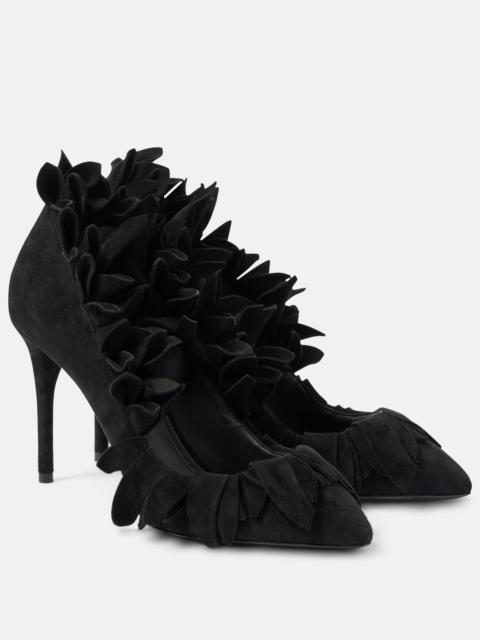 Petal ruffled suede pumps