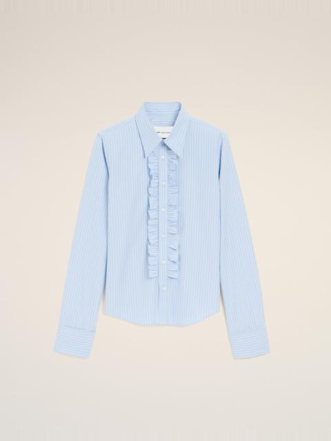 BLUE COTTON LONG SLEEVE RUFFLED ADJUSTED SHIRT