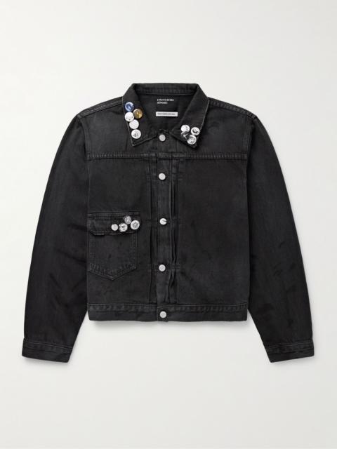 Appliquéd Distressed Panelled Denim Jacket Dark gray