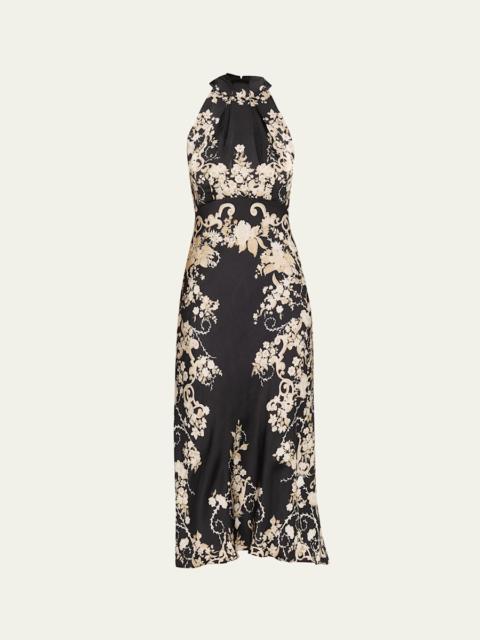 Michelle Floral Satin Draped Halter Midi Dress