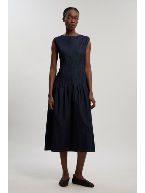 Petite Denim Dropped Waist Full Skirted Midi Dress