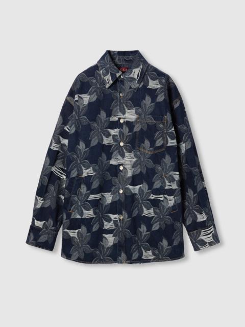 Cotton denim floral jacquard shirt