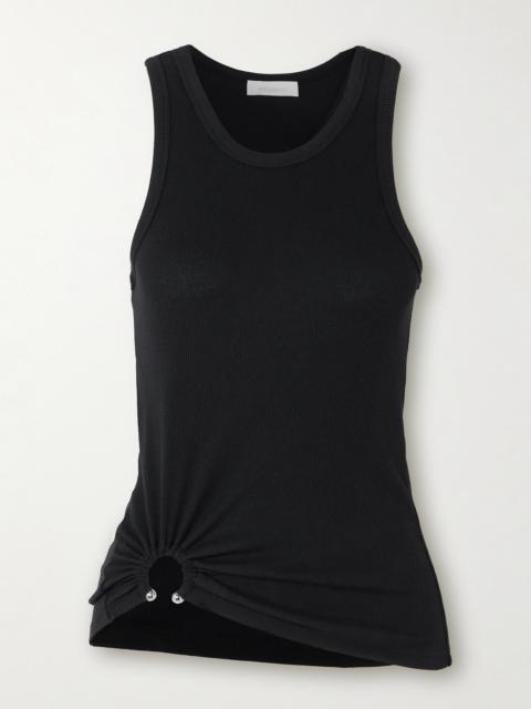 Embellished Gathered Ribbed Stretch-cotton Jersey Tank