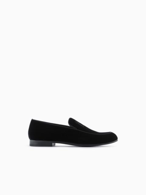 Velvet loafers with embroidered logo