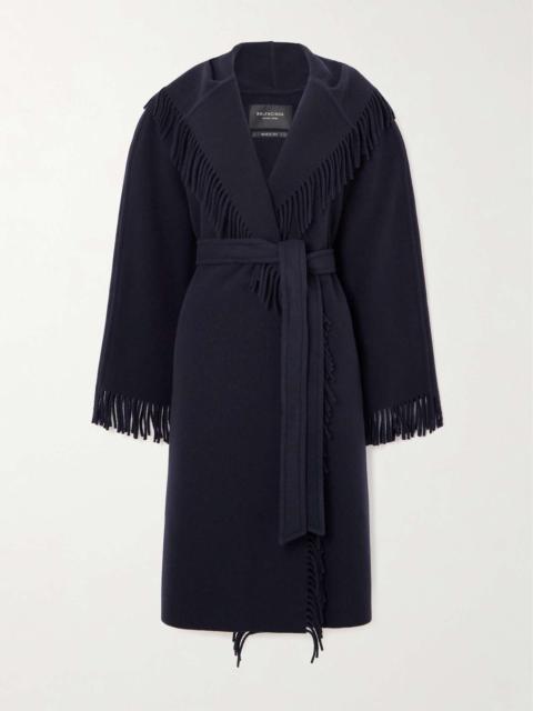 Fringed hooded brushed wool coat