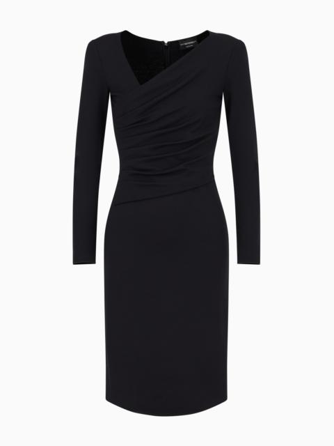 Stretch Milano stitch fabric dress with asymmetric cross-over and draping