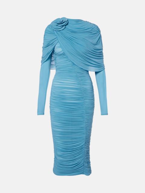 Floral-appliqué ruched caped midi dress