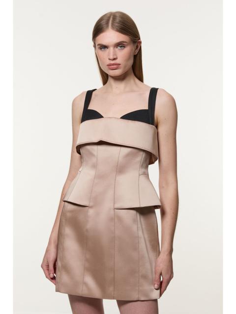 Structured Viscose Satin Stitch Detail Tailored Peplum Mini Dress