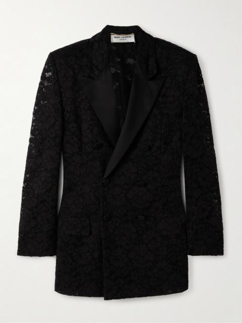 Double-breasted satin-trimmed lace blazer Black