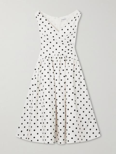 Wrap-effect Gathered Polka-dot Cotton-poplin Midi Dress