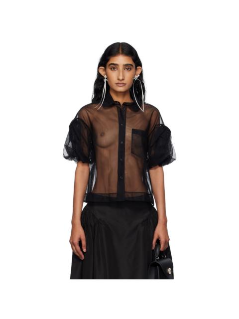 Black Sheer Cropped Bow Puff Sleeve Shirt