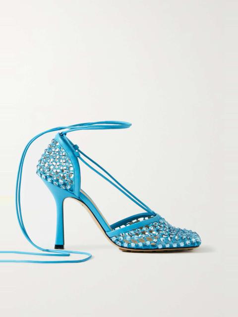 Leather-trimmed crystal-embellished mesh pumps