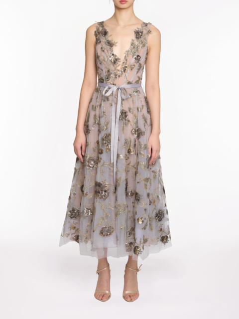 SLEEVELESS EMBROIDERED TULLE MIDI DRESS