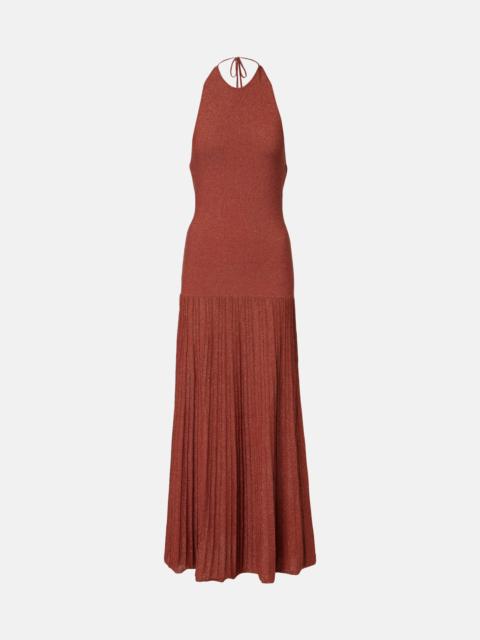 Plissé halterneck cotton-blend maxi dress