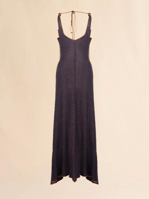 BLUE LINEN-VISCOSE DRESS WITH COLORFUL EDGES