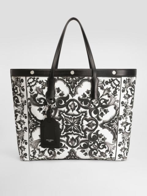 Majolica-print calfskin shopping bag