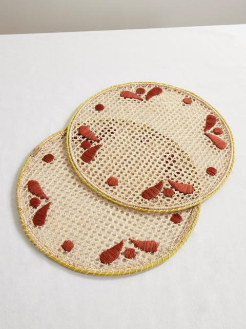 Set Of Two Embroidered Raffia Placemats