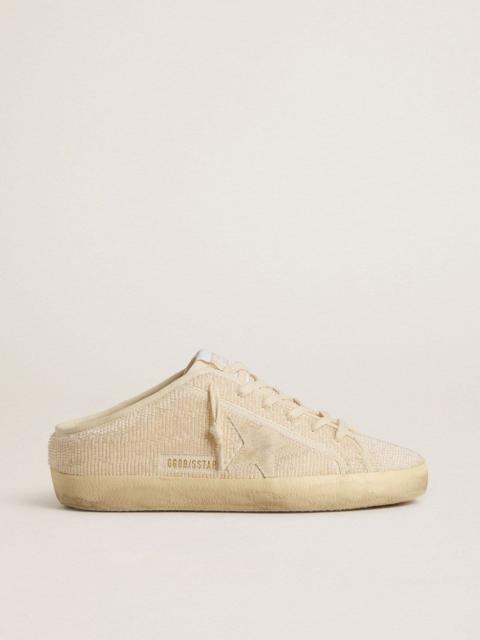 Women's Super-Star Sabot in beige canvas with embroidered beads and beige suede star