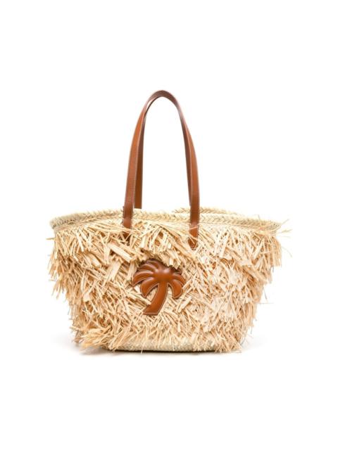 Palm-appliqué raffia tote bag