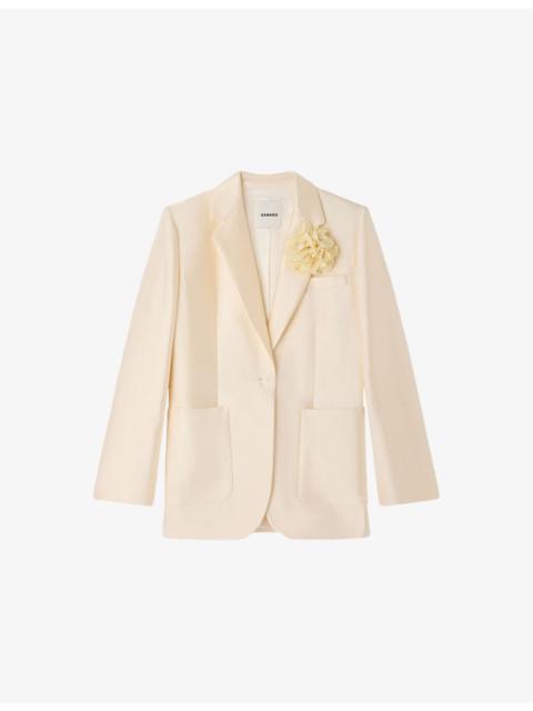 Flower-Embellished Single-Breasted Satin Blazer