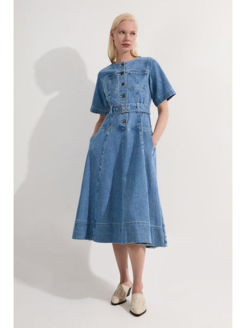 Petite Denim Soft Wash Short Sleeve Belted Midi Dress