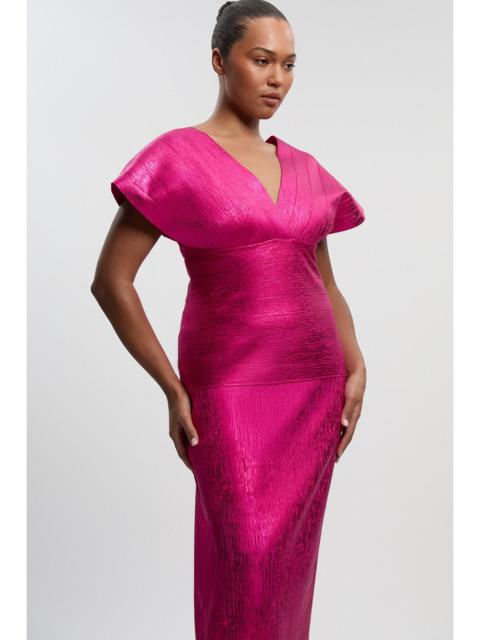 Plus Size Foil Metallic Figure Form Bandage Angel Sleeve Knit Maxi Dress