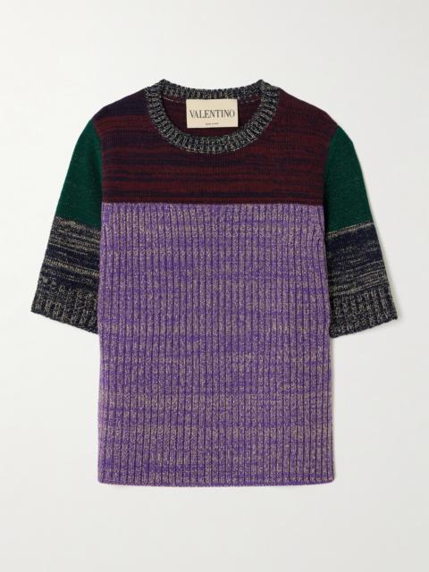 Color-block Metallic Ribbed Wool-blend Sweater