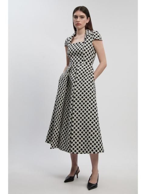 Spot Jacquard Square Neck Tailored Full Skirted Midi Dress