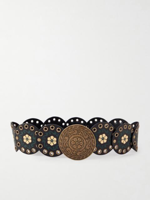 Studded Eyelet-embellished Debossed Leather Belt