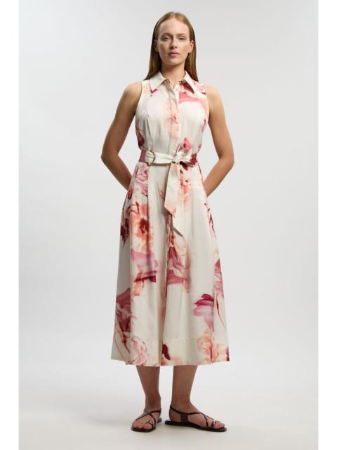 Premium Viscose Linen Floral Top Stitch Halter Neck Woven Midi Dress With D Ring Detail