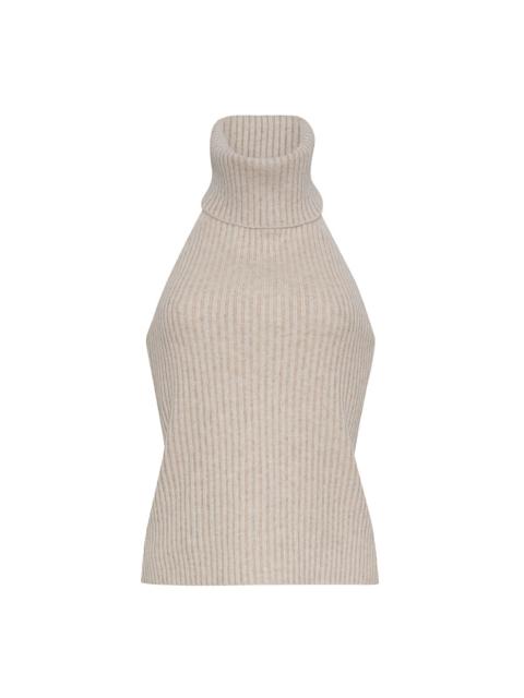 Samson Top
Statement Elegance: Form-Fitting Ribbed Knit Halter with an Open Back and Luxurious Overs