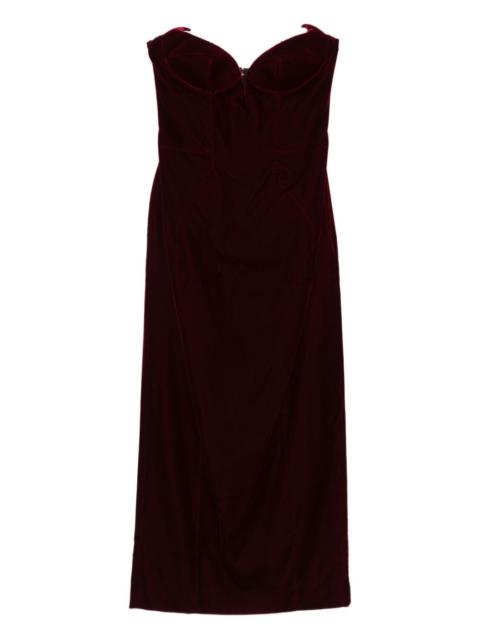 strapless velvet midi dress