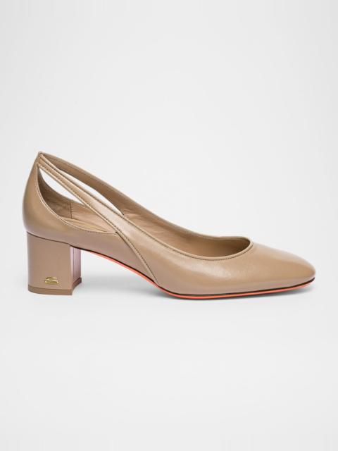 Cut-Out Block Heel Mixed Leather Pumps