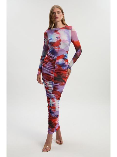 Floral Printed Mesh Ruched Long Sleeve Maxi Dress
