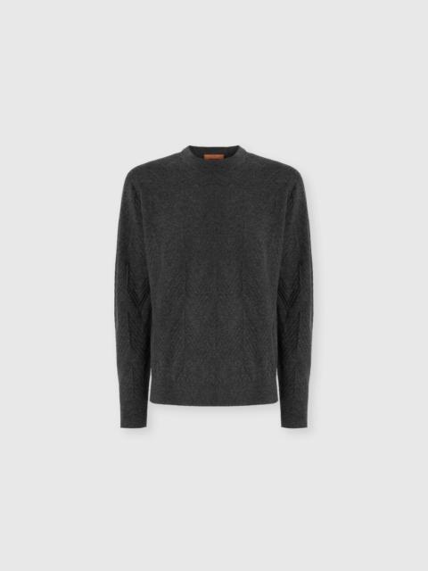 Crew neck sweater in pure cashmere with chevron pattern