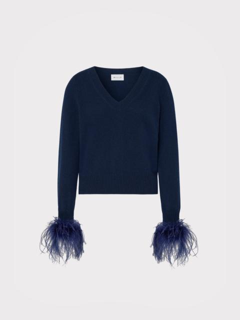 Feather Cuff V-Neck Sweater