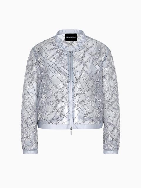 ZIPPED BOLERO IN TULLE WITH ALL-OVER MICRO-SEQUIN AND JET EMBROIDERY