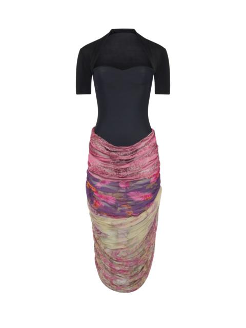 JERSEY & SILK SCARVES DRAPPED MIDI DRESS