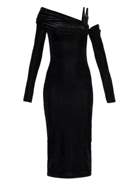 off-shoulder buckle midi dress