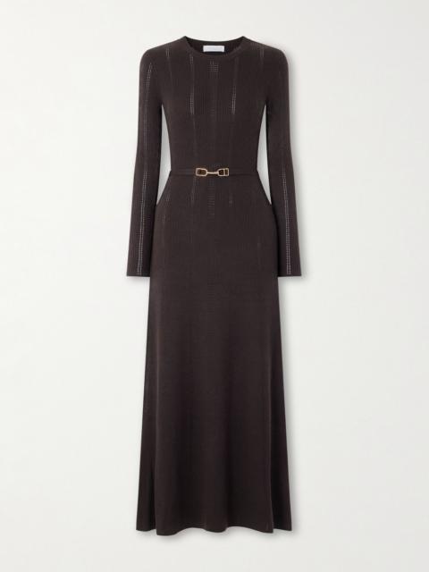 Imagene belted ribbed pointelle-knit wool midi dress Brown