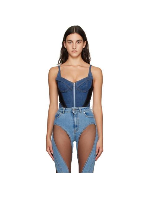 Blue & Black Paneled Denim Bodysuit