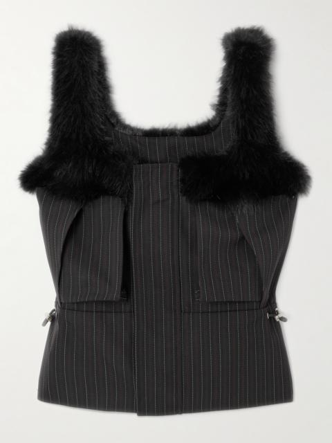 Plush-trimmed Striped Woven Top