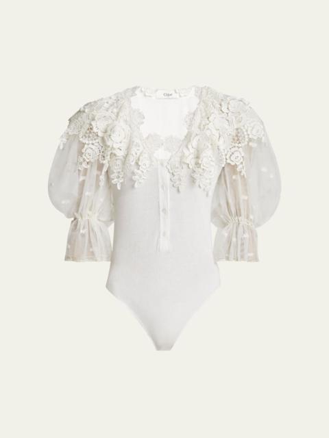 Puff-Sleeve Guipure Lace Bodysuit