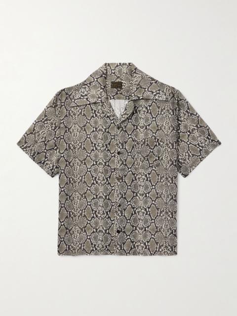 Camp-Collar Snake-Print Woven Shirt Gray
