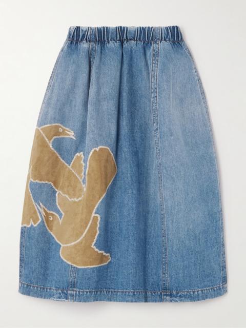 Appliquéd Gathered Denim Midi Skirt