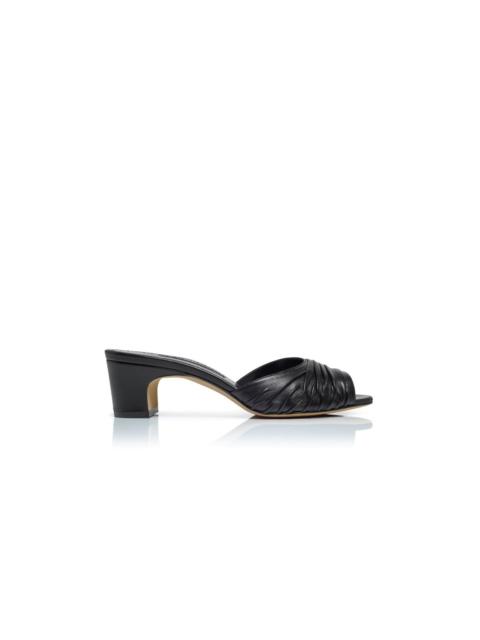 Black Nappa Leather Ruched Open Toe Mules
