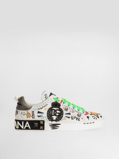 Calfskin Portofino sneakers with embroidery and studs
